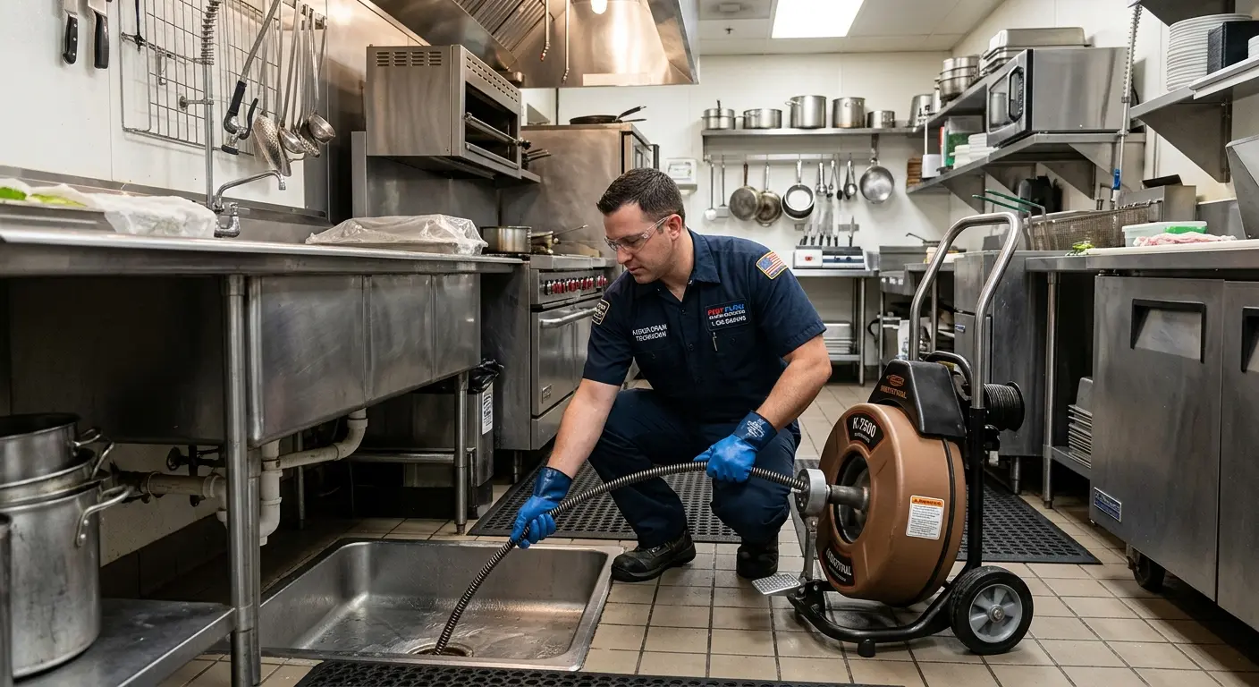 Commercial drain cleaning service in a restaurant kitchen in Pikesville
