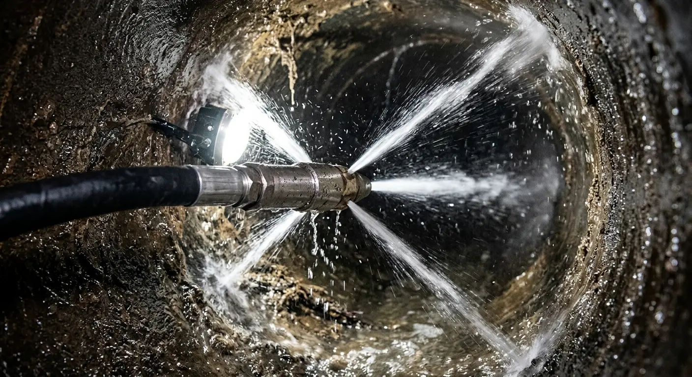 High-pressure hydro jetting nozzle cleaning sewer pipe for Trenchless Sewer Repair in Pikesville