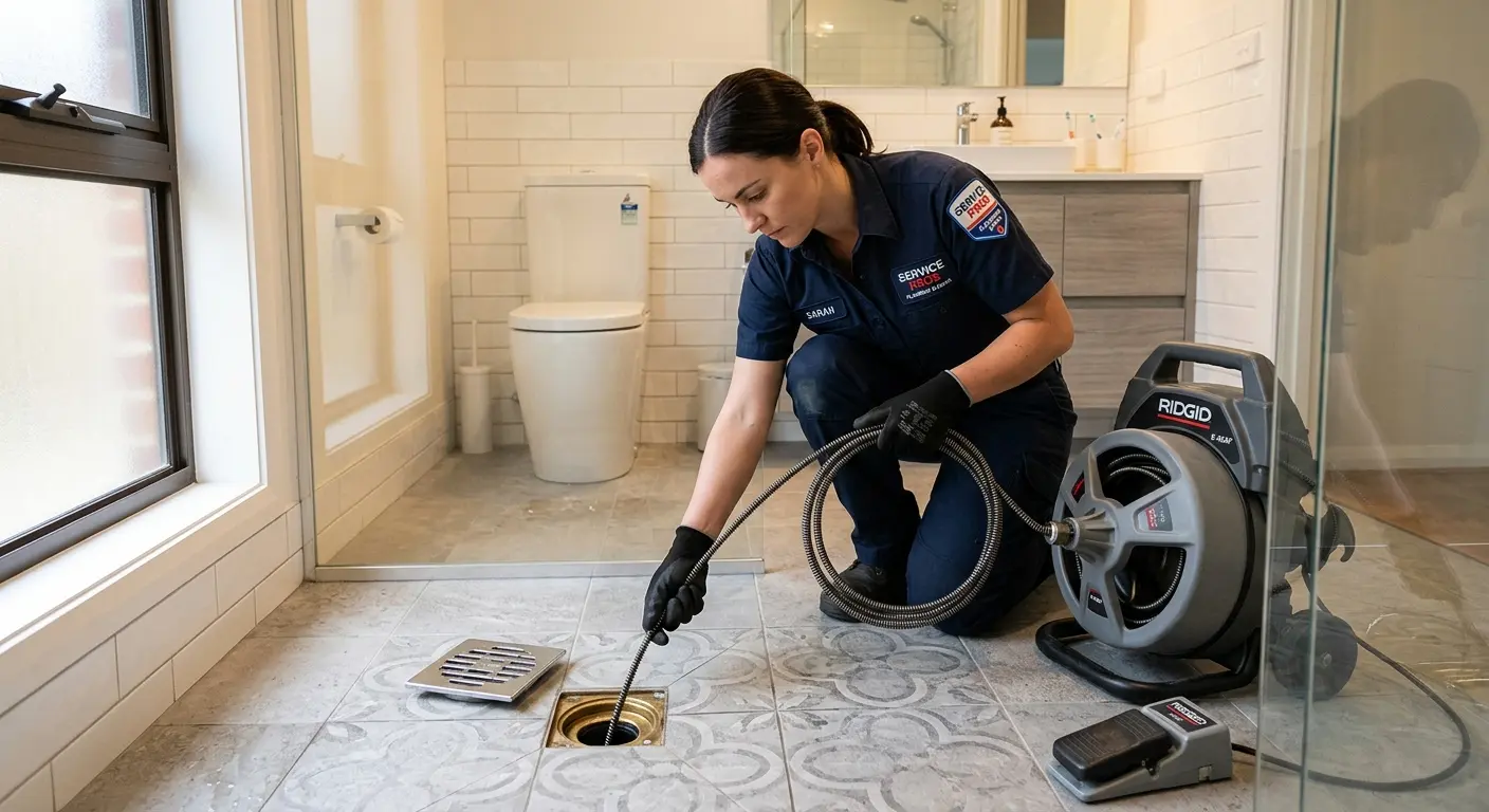 Technician clearing a bathroom floor drain for Hydro Jetting in Pikesville